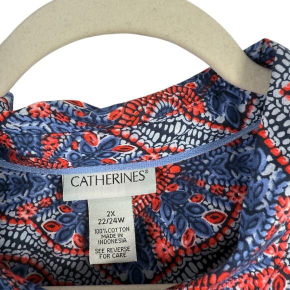 Catherines Blue Red Floral Button Front 100% Cotton Shirt Office Womens Plus 2x - Picture 3 of 5